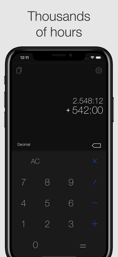 Interfaz de la aplicación Calculadora de Tiempo Premium mostrando un cálculo con miles de horas