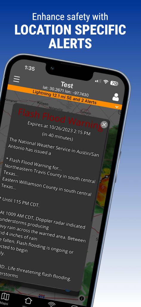 Clarity Weather app displaying a detailed flash flood warning alert for a specific location.