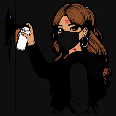 realistic girl with mask spray painting a wall