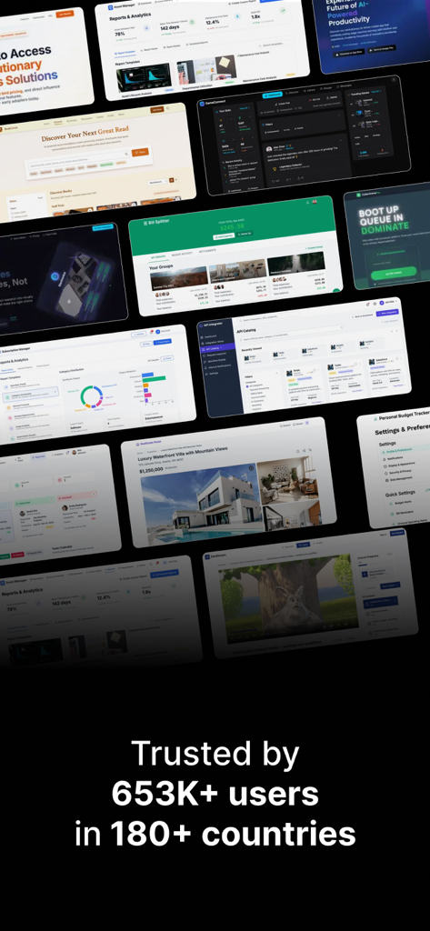 A collage of diverse app dashboards built using Rocket with text stating it is trusted by 653K plus users across 180 countries