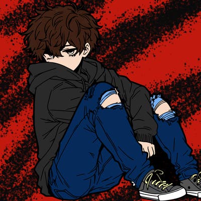 a male hoddie ripped jeans messy hair anime