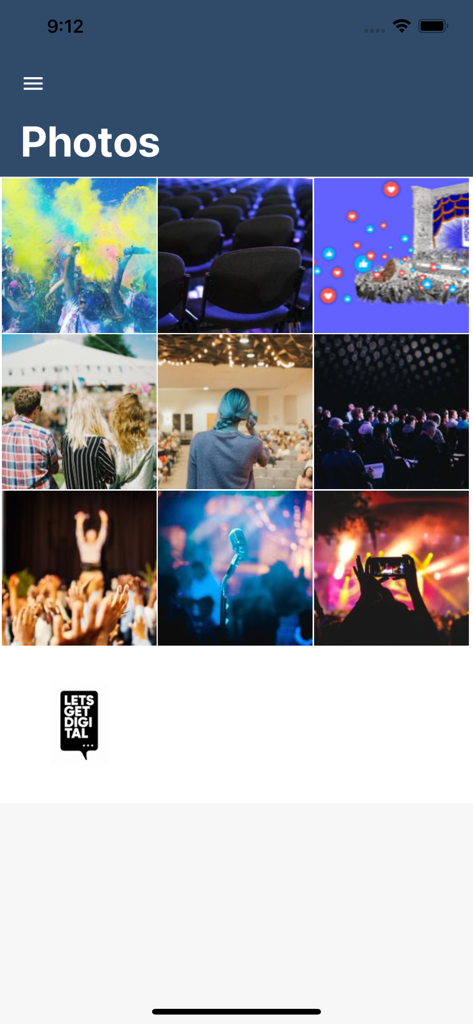 A gallery of event photos including speakers and attendees in the FI-TS Events mobile app.