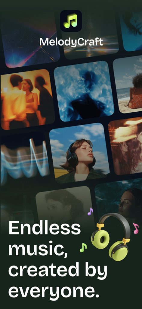 MelodyCraft - AI Music Maker - Grafica promozionale per MelodyCraft AI Music Maker con un collage di immagini di lifestyle e lo slogan Musica infinita creata da tutti