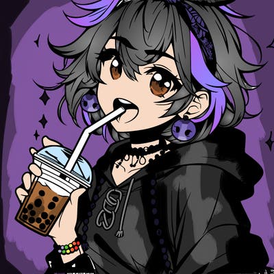 hot baddie anime girl drinking boba and biting the straw