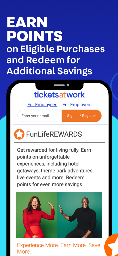 TicketsatWork: Employee Perks - TicketsatWork app screen showing the FunLife Rewards program for employee loyalty points