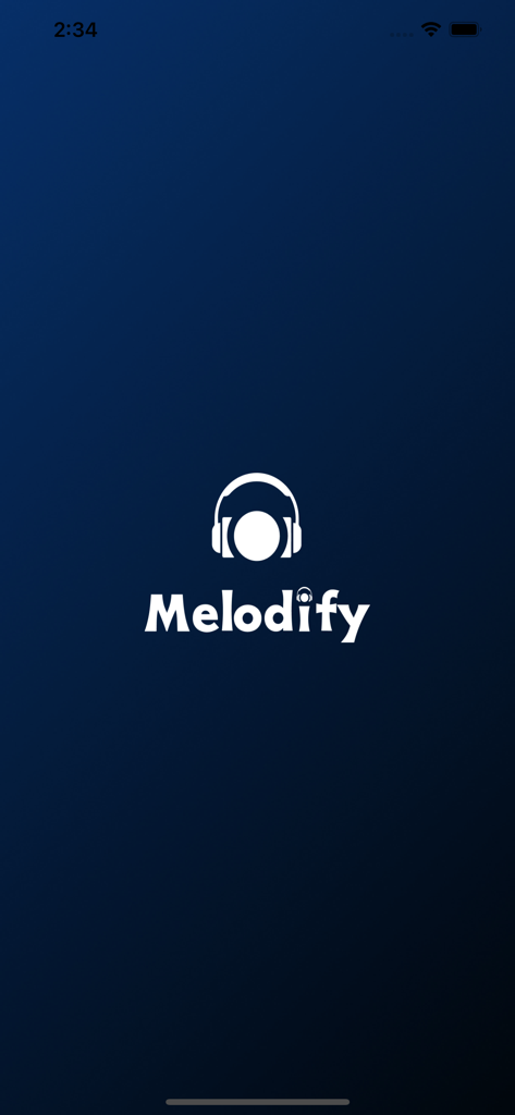 Melodify Music and Podcasts - Melodify app splash screen featuring a white headphone logo and the brand name on a dark blue background