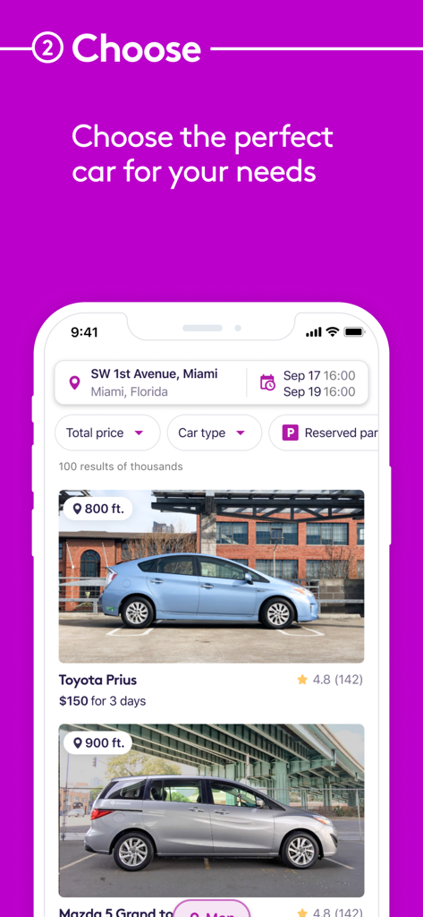 Getaround - car rental - Getaround mobile app interface showing a selection of rental cars in Miami with pricing and ratings