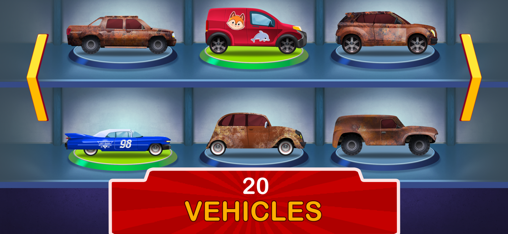 Kids Garage: Toddler car games - A digital garage selection screen displaying twenty different cars and trucks on blue shelves