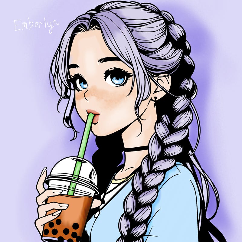 realistic girl with braided hair drinking boba