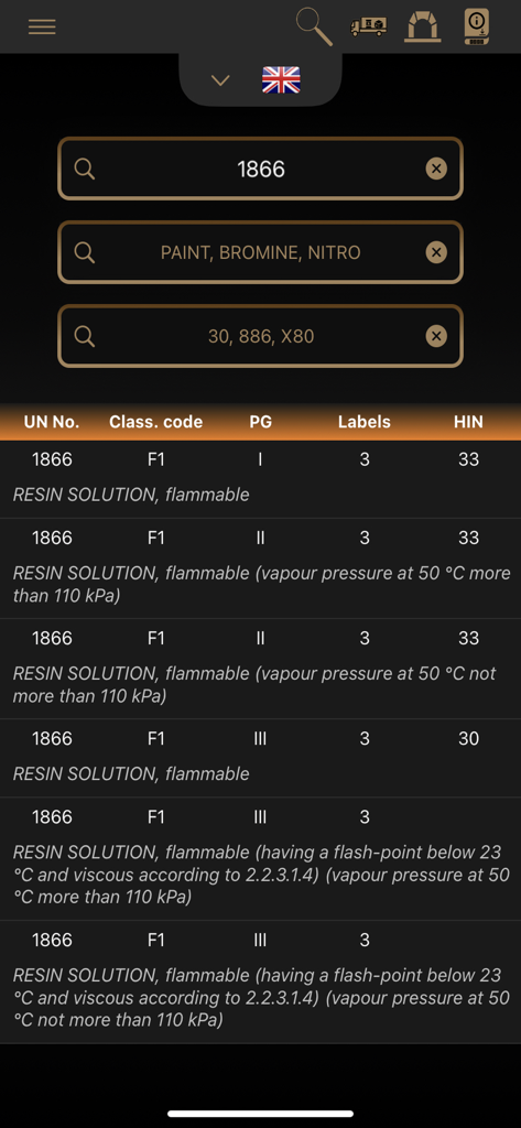 ADR Tool 2023 Dangerous Goods - Interface de recherche de l'application ADR Tool 2023 montrant les détails réglementaires pour la Résine en Solution UN 1866