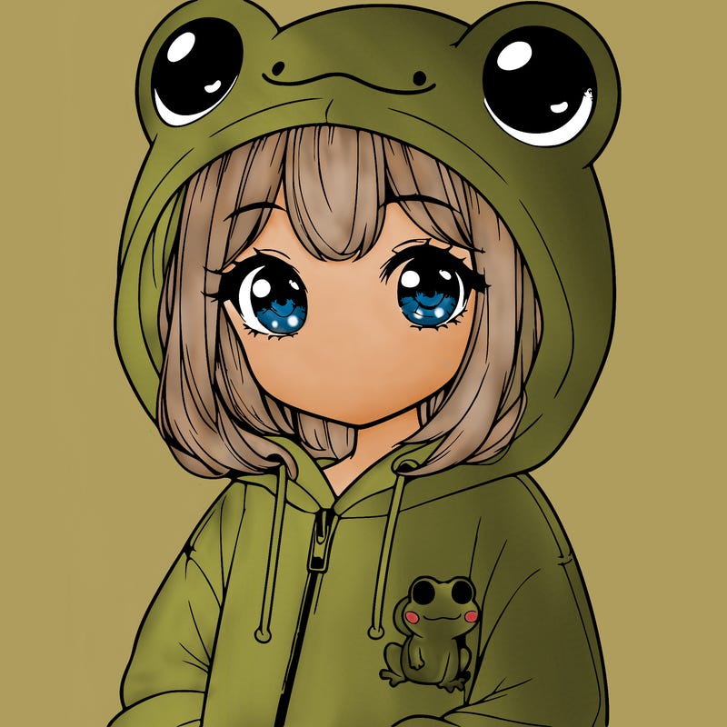 cute realistic girl in a froggy hoodie