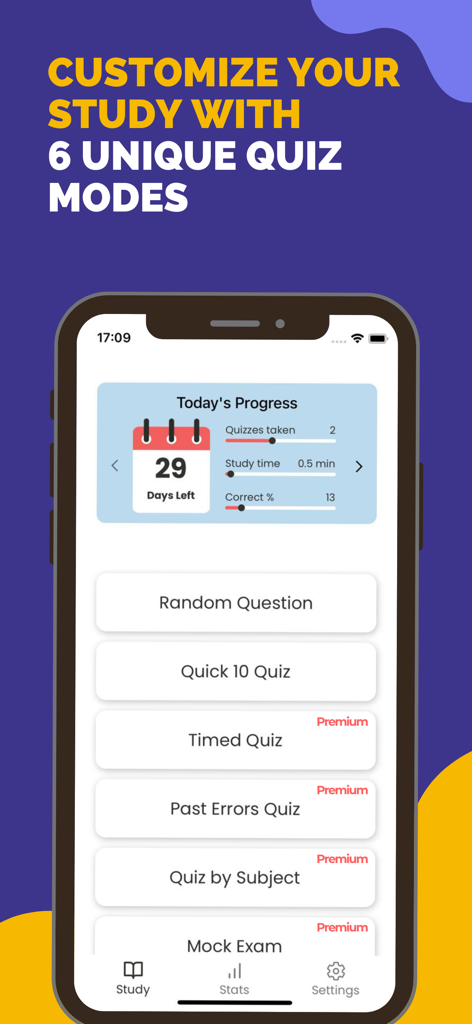 Principles of Management Prep - Smartphone screen showing various quiz modes and study progress in the Principles of Management Prep app