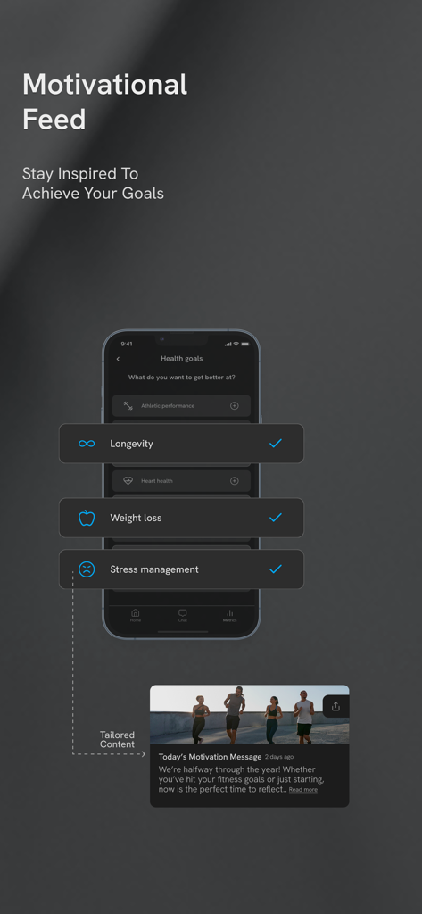 fitMetrics: Health Tracker - fitMetrics app interface showing health goal selection for longevity, weight loss, and stress management with tailored motivational content.