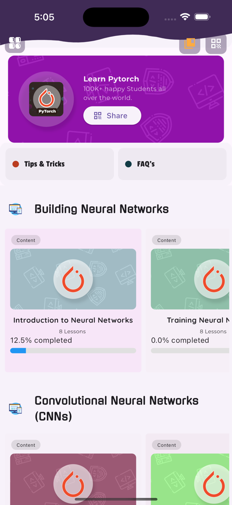 Learn Pytorch - La pantalla de inicio de la aplicación Learn PyTorch que muestra módulos de cursos de redes neuronales y barras de progreso.