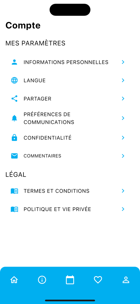 expo habitat Saguenay - エクスポ・ハビタ・サグネアプリのアカウント設定画面。個人情報、言語、法的条件のオプションが表示されています。