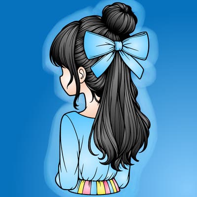 realistic girl  with hip length hair a bun and a big bow on the back of head