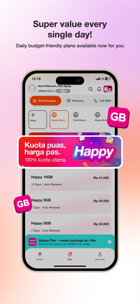 bima+ - Mobile interface of bima plus app showing various internet data plans and prices