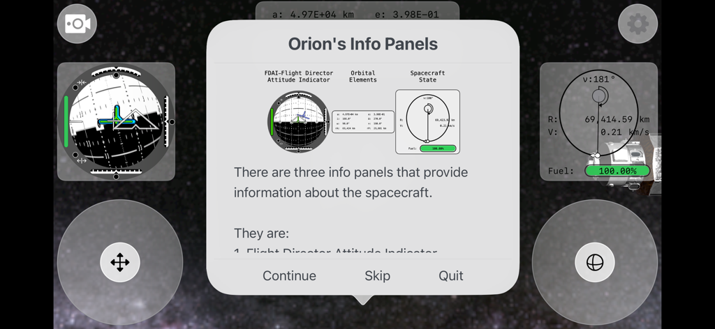 Mission Orion 2 - Una pantalla de tutorial en la aplicación Mission Orion 2 explicando la instrumentación de la nave espacial y los elementos orbitales