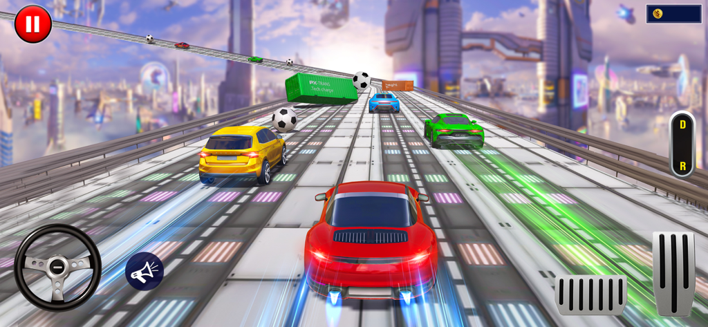 Car Driving Simulator Game - Red sports car racing on a futuristic elevated highway with neon lights and giant soccer balls