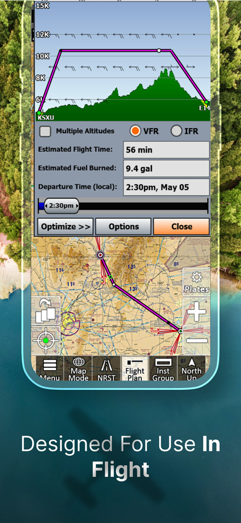 iFly EFB - iFly EFB app interface showing a vertical flight path profile with terrain and a navigation map for pilots