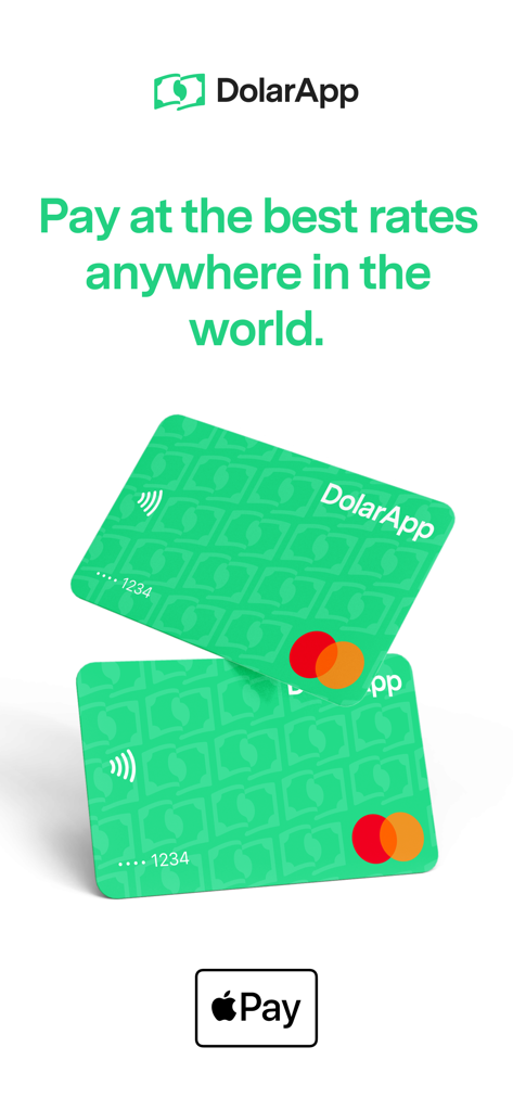 Dois cartões DolarApp Mastercard verdes exibindo pagamentos globais às melhores taxas com suporte Apple Pay
