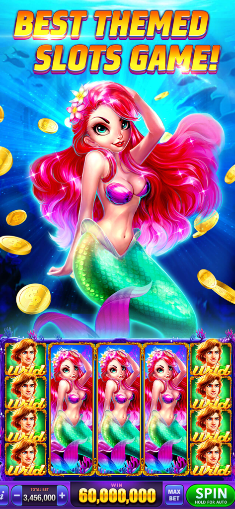 DoubleHit Slots Casino Game - A mermaid themed slot machine display from DoubleHit Slots Casino Game showing a massive coin win.