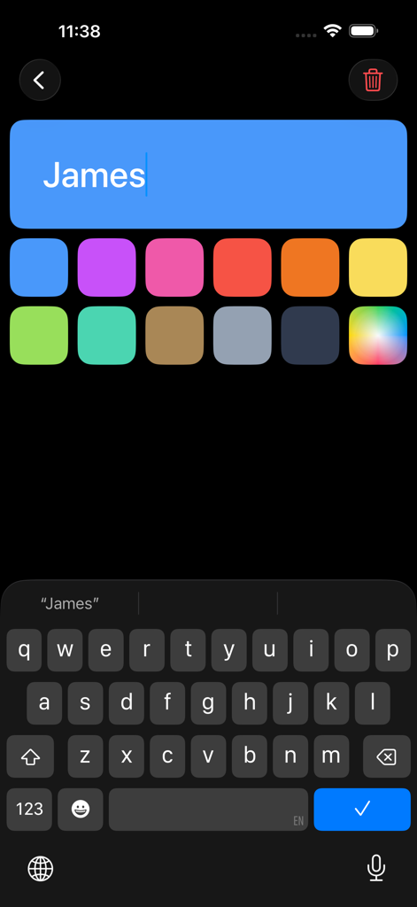 Interface pour personnaliser un nom de joueur et choisir une couleur de profil dans l'application Point Counter Scoreboard.