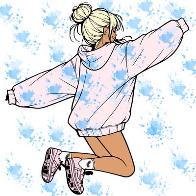 realistic girl jumping with a bun and oversized sweatshirt