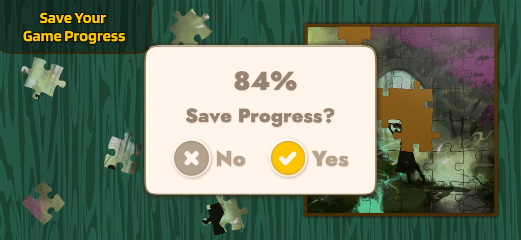 Jigsaw Puzzle : Logic Games - A screenshot of the Jigsaw Puzzle app showing a save progress pop up window over a partially completed puzzle.