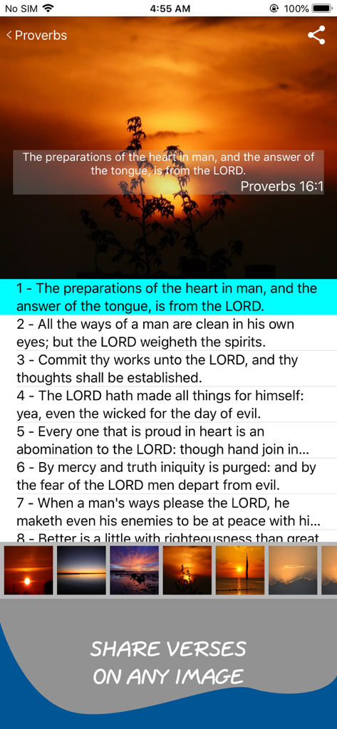 Torrey's Topical Bible Offline - Un verset biblique de Proverbes 16:1 superposé sur une image de coucher de soleil pour partager avec des amis