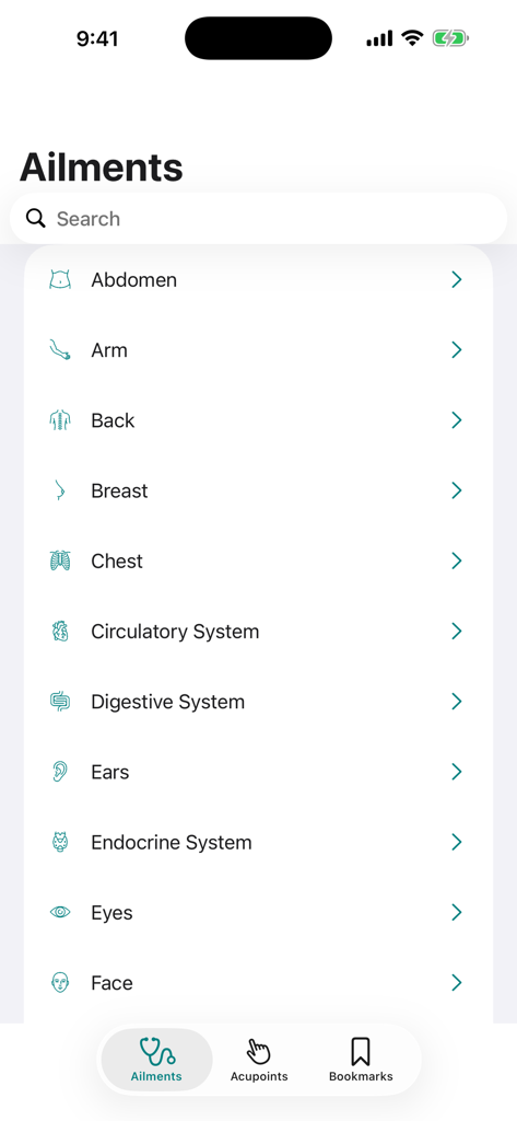 Massage Map 3D - Massage Map 3D app screen showing a list of ailments categorized by body parts and systems like back chest and digestive system