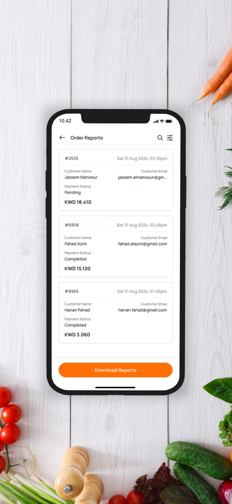 Karrot Partner - Interfaz de la aplicación Karrot Partner que muestra una lista de informes de pedidos con nombres de clientes y estado de pago