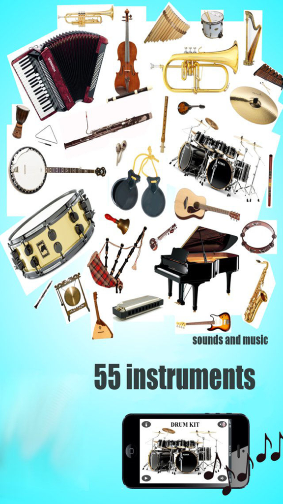 Instruments Free - Un collage de divers instruments de musique et un smartphone affichant l'interface de l'application Instruments Free