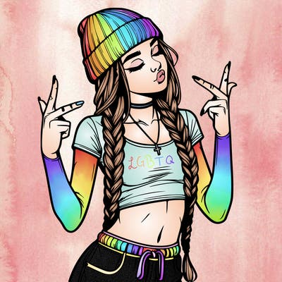 realistic teenage girl with braids and a beanie and crop top doing 🫶🏼