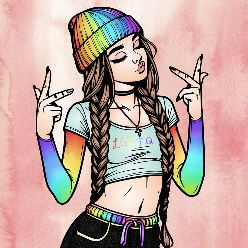 realistic teenage girl with braids and a beanie and crop top doing 🫶🏼