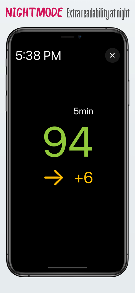 nightguard - Nightguard app interface in night mode showing a large green blood glucose reading of 94 on a black background for high visibility.