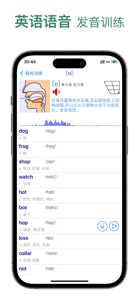优滔英语音标语音助手(英音IPA版) - Écran de l'application montrant l'entraînement à la prononciation des voyelles de l'API de l'anglais britannique avec schéma de position de la bouche et exemples de mots