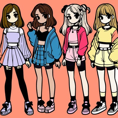 one girl with crop-top shirt and a jacket with a skirt, long socks and another girl with a shirt and pants with a jacket