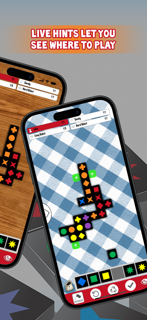 Qwirkle - Qwirkle mobile game interface displaying live hints for tile placement on a checkered background.