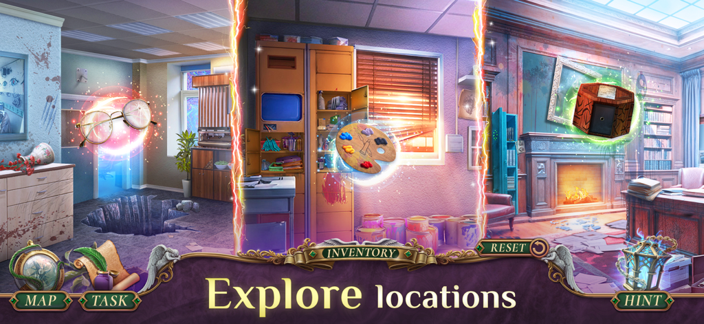 Grim Tales 26: Mystery Game - Gameplay screenshot showing different mysterious rooms and hidden object scenes in Grim Tales 26