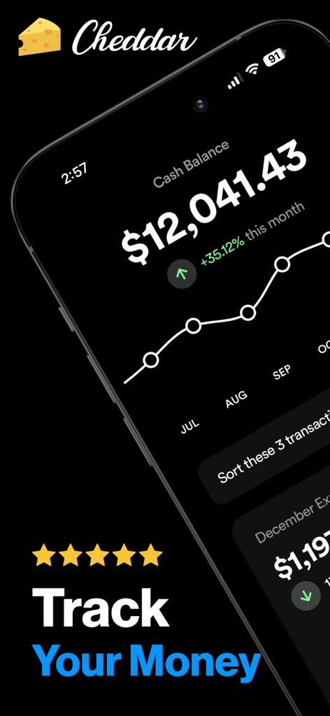 Cheddar app interface showing a twelve thousand dollar cash balance and a positive growth chart