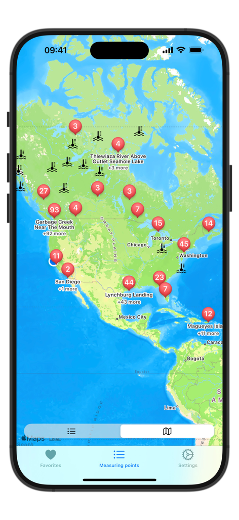 A map of North America in the Water Temperatures app showing numerous measuring points and data clusters.