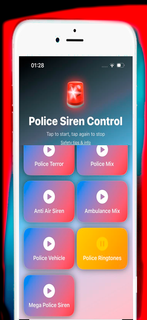 Police Siren Sound - Interface of the Police Siren Sound app showing various emergency sound buttons like Police Terror and Mega Police Siren.