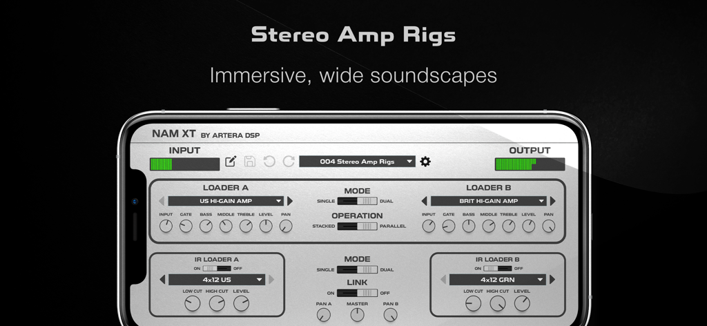 Interface do aplicativo Nam XT mostrando carregadores duplos de amplificador e IR para rigs de guitarra estéreo em um smartphone