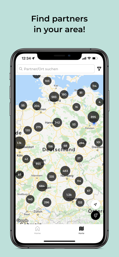 Map of partner locations in the RECUP and REBOWL mobile app