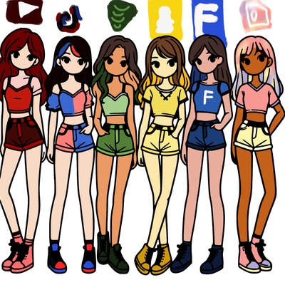 a group of girls wearing crop tops and shorts