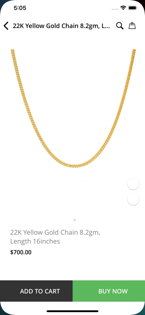 Product page for a 22K yellow gold chain on the Virani Jewelers app