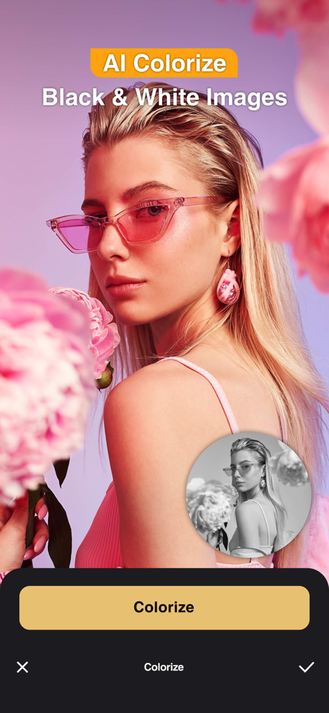 Perfect365 Studio AI | Images - AI tool colorizing a black and white photo of a woman with pink sunglasses