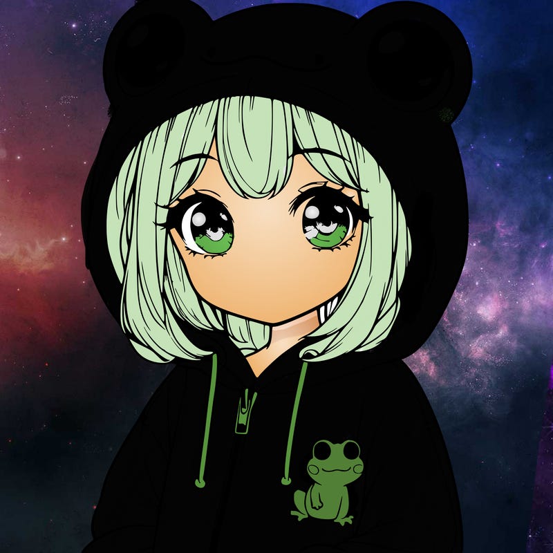 cute realistic girl in a froggy hoodie