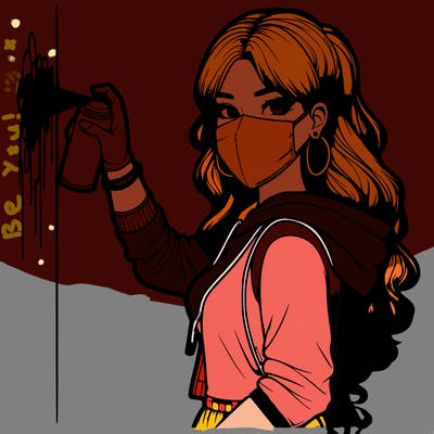 realistic girl with mask spray painting a wall